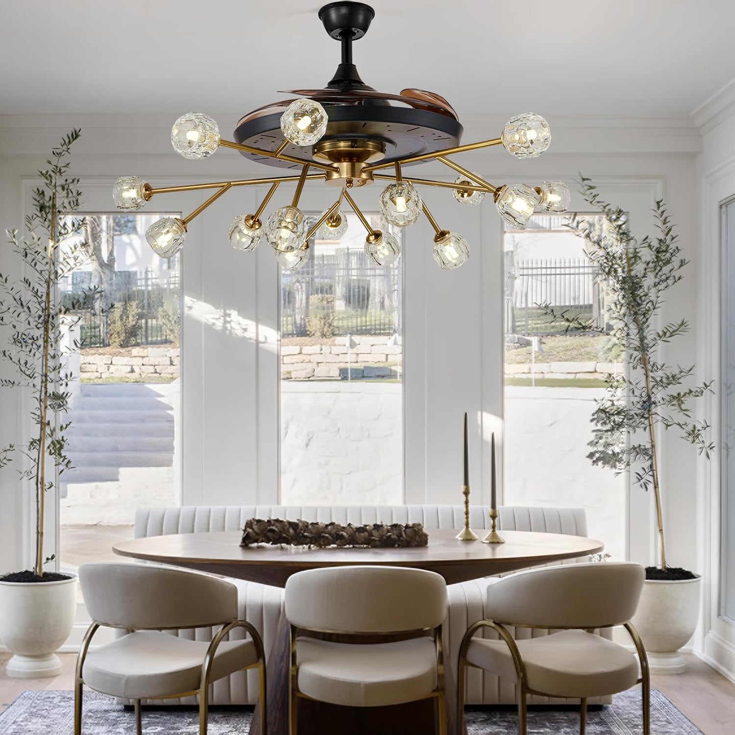 42' Modern Retractable Chandelier Ceiling Fan and Remote, Elegant Black 15-Light Fandelier Ceiling Fan with Reversible Blades 6 Speeds Silent Motor for Living Dinning Room