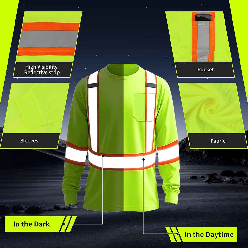 High Visibility Shirt Hi Vis Long Sleeve Shirts for Men Women Reflective Class 3 Safety Shirts