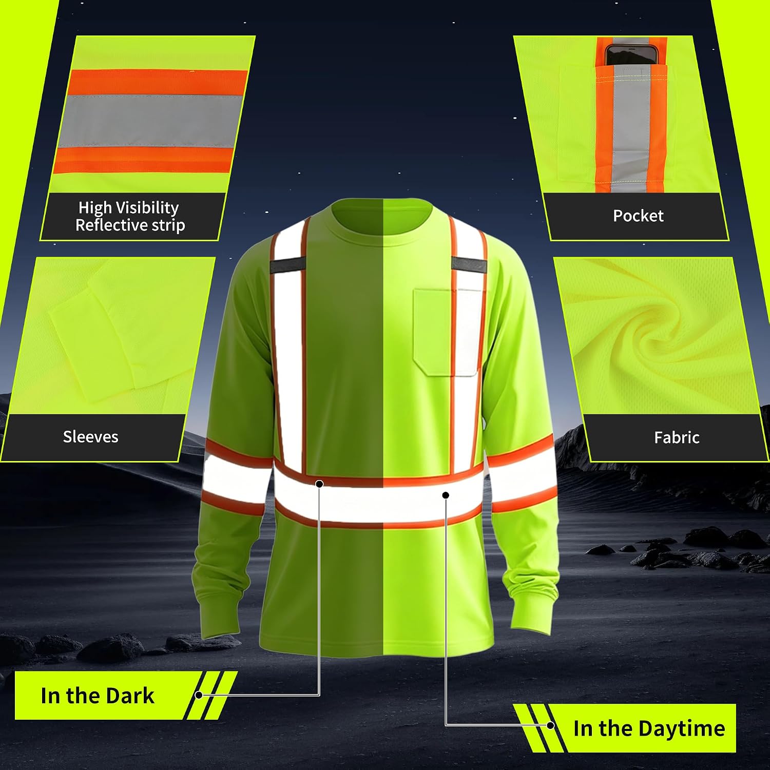 High Visibility Shirt Hi Vis Long Sleeve Shirts for Men Women Reflective Class 3 Safety Shirts