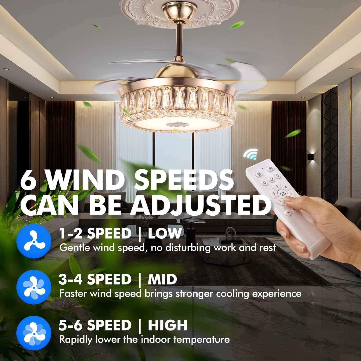 A Million 42' Gold Smart Ceiling Fan with Light and Bluetooth Speaker, Crystal Chandelier Fan with Retractable Blade 3 Speed and RGB Color Change APP and Remote Control