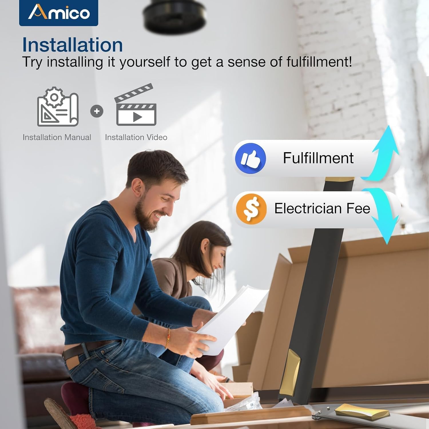 Amico 72 Inch Aluminum Ceiling Fans with Lights, Large Industrial Ceiling Fan with Remote Control, Reversible, 8 Blades, 3CCT, Dimmable, Damp Rated Black Ceiling Fan for Bedroom Patio Indoor/Outdoor