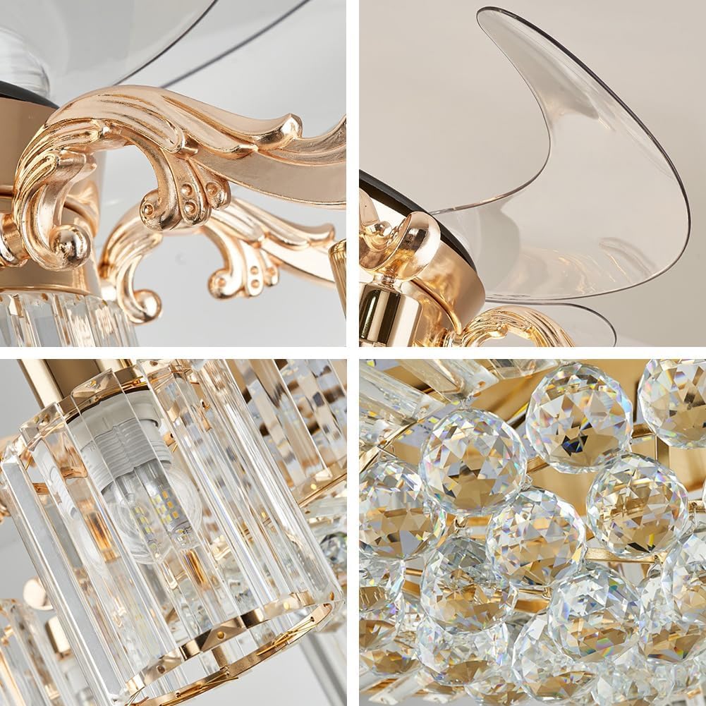 42' Modern Fandelier Ceiling Fan with Light and Remote, Gold Crystal Chandelier Fan with 8-Light Reversible Blade 6 Speed Change Silent Motor for Living Dining Room