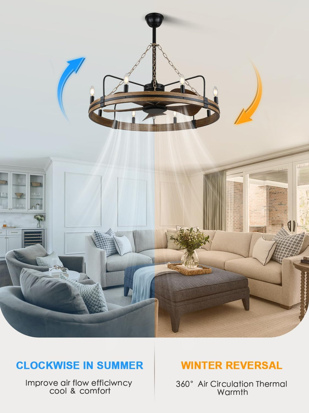 36 Inch Rustic Wagon Wheel Ceiling Fan with Light, 8-Lights Farmhouse Chandelier Ceiling Fans with Quiet Reversible Motor, Bladeless Fandelier Fan with Candle for Living Room Kitchen Bedroom