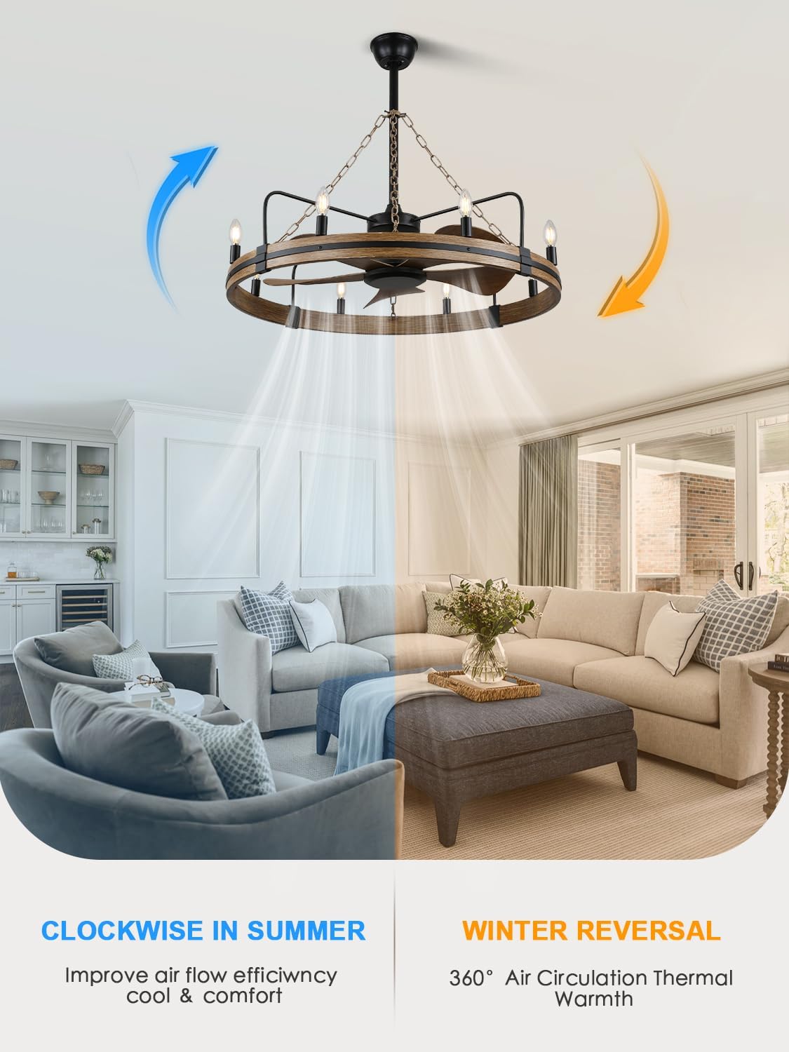 36 Inch Rustic Wagon Wheel Ceiling Fan with Light, 8-Lights Farmhouse Chandelier Ceiling Fans with Quiet Reversible Motor, Bladeless Fandelier Fan with Candle for Living Room Kitchen Bedroom