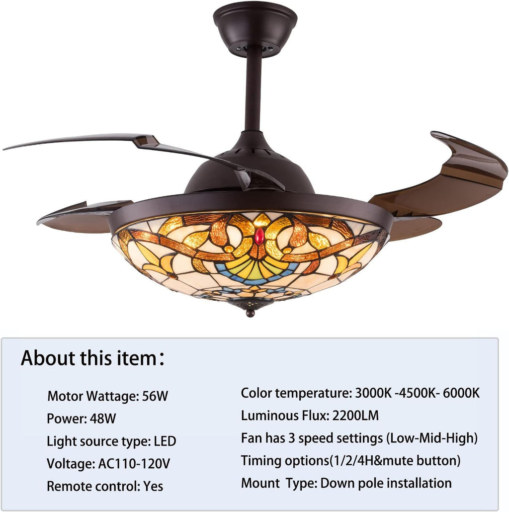 42 Inch Ceiling Fan with Light Classic LED Chandelier Remote Control Retractable Blades 3 Speeds 3 Light Changes Pendant Light, Silent Motor Craft-made Colorful Lamps for Bedroom Living Room