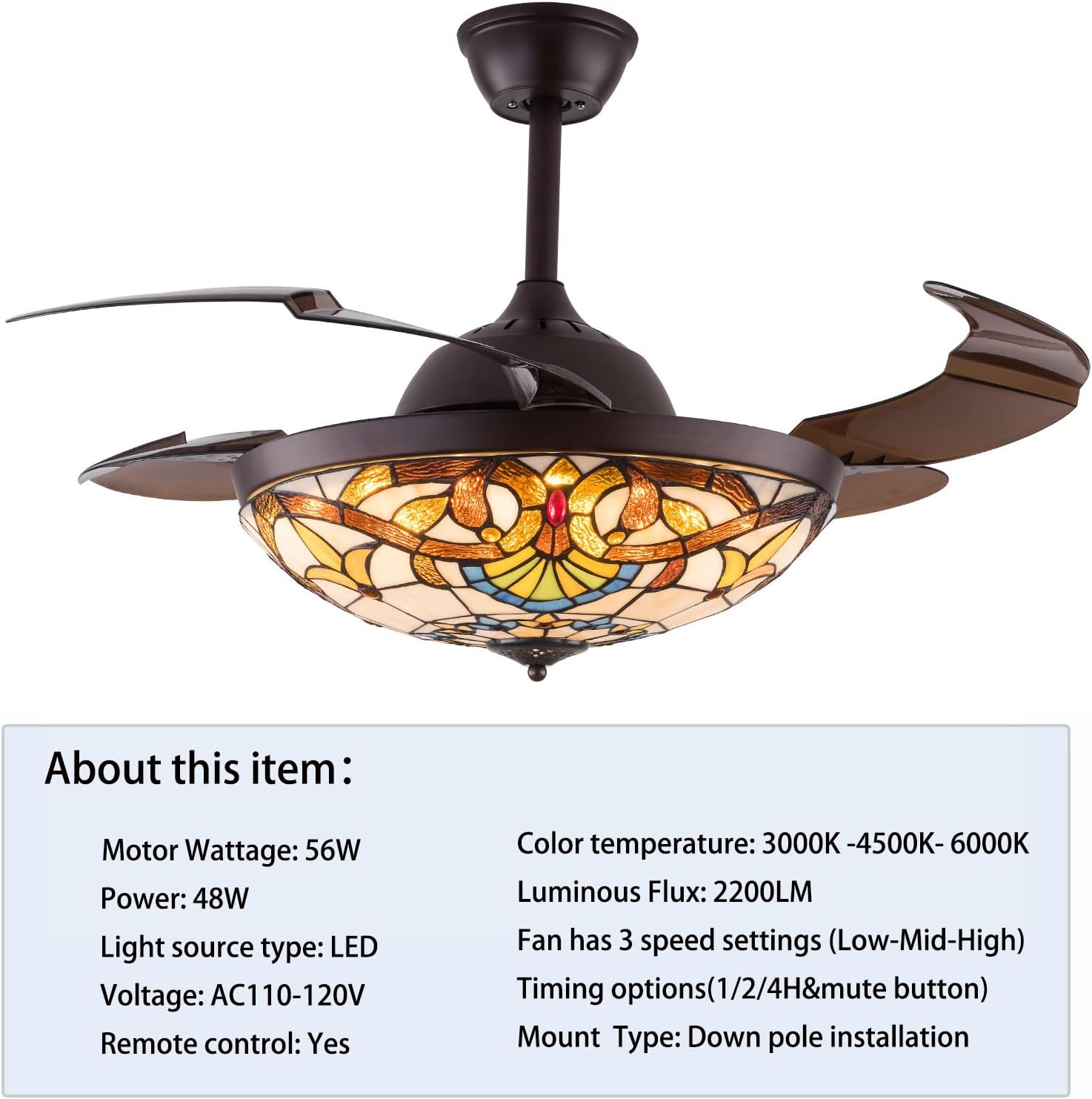 42 Inch Ceiling Fan with Light Classic LED Chandelier Remote Control Retractable Blades 3 Speeds 3 Light Changes Pendant Light, Silent Motor Craft-made Colorful Lamps for Bedroom Living Room