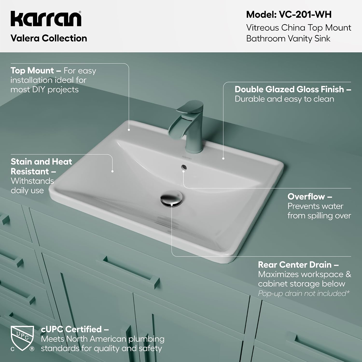 Karran VC-201-WH Valera 21' Top Mount Vitreous China Bathroom Sink in White with Overflow Drain