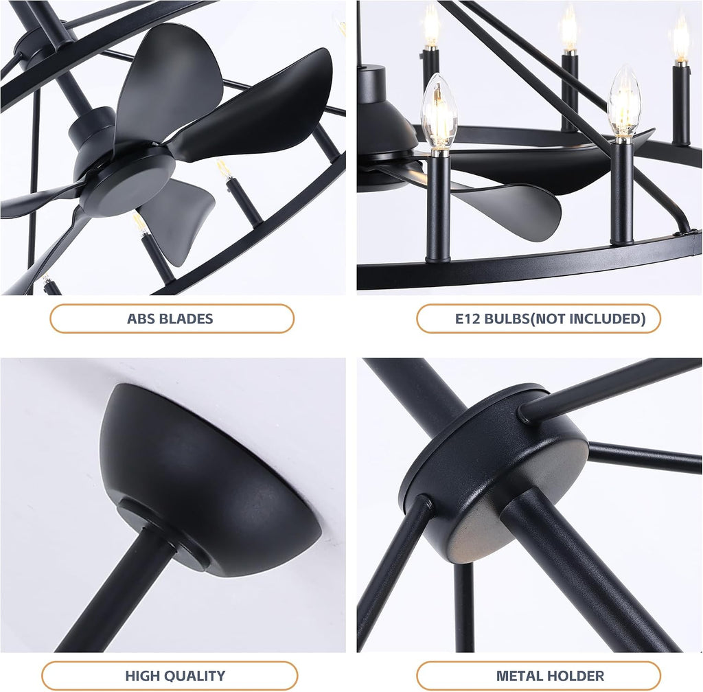 She's home 43' Black Wagon Wheel Chandelier Farmhouse Ceiling Fan with Light and Remote,16-Lights Large Fandelier with Candle,Rustic Big Light Fixture for Living Room
