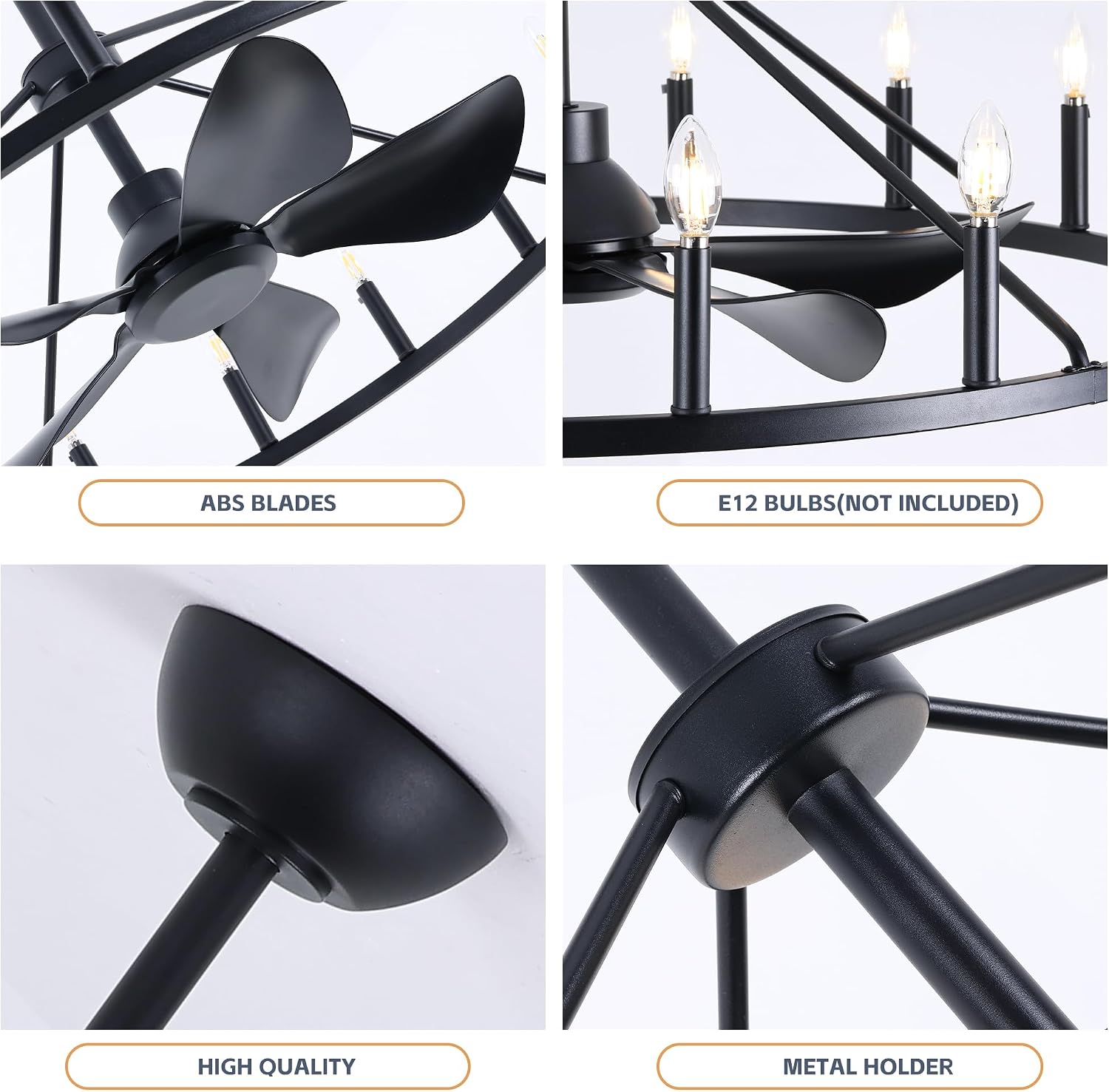 She's home 43' Black Wagon Wheel Chandelier Farmhouse Ceiling Fan with Light and Remote,16-Lights Large Fandelier with Candle,Rustic Big Light Fixture for Living Room