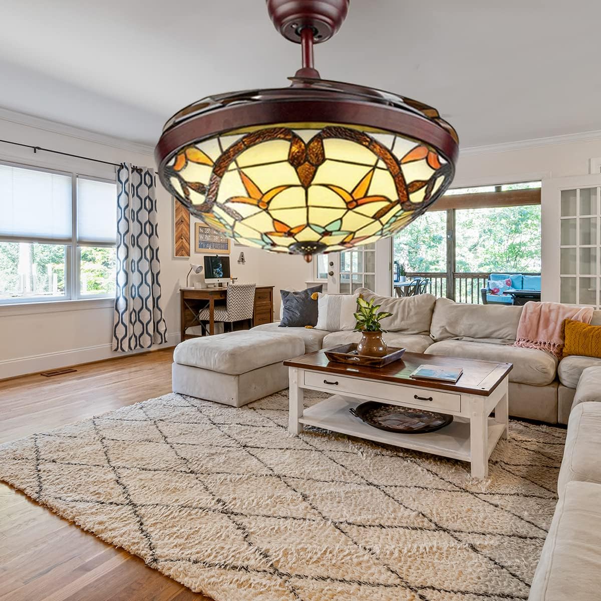 Fandian 42' Vintage Style Ceiling Fan with Light, Remote Control Classic LED Chandelier Retractable Blades 3 Light Changes Fandelier Lighting Fixture with Craft-Made Colorful Glass Lamp