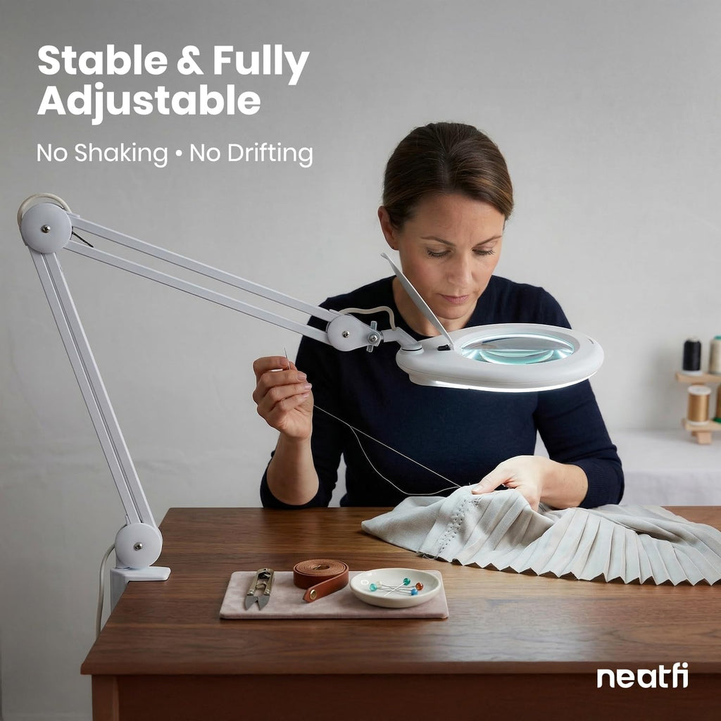 Neatfi Elite XL HD Super LED Magnifying Lamp with Clamp – 7' Glass Lens, 5-Diopter, 6500K Daylight | Glare-Free, Adjustable Arm | Reading, Sewing & Crafting (7 Inch Lens, White)