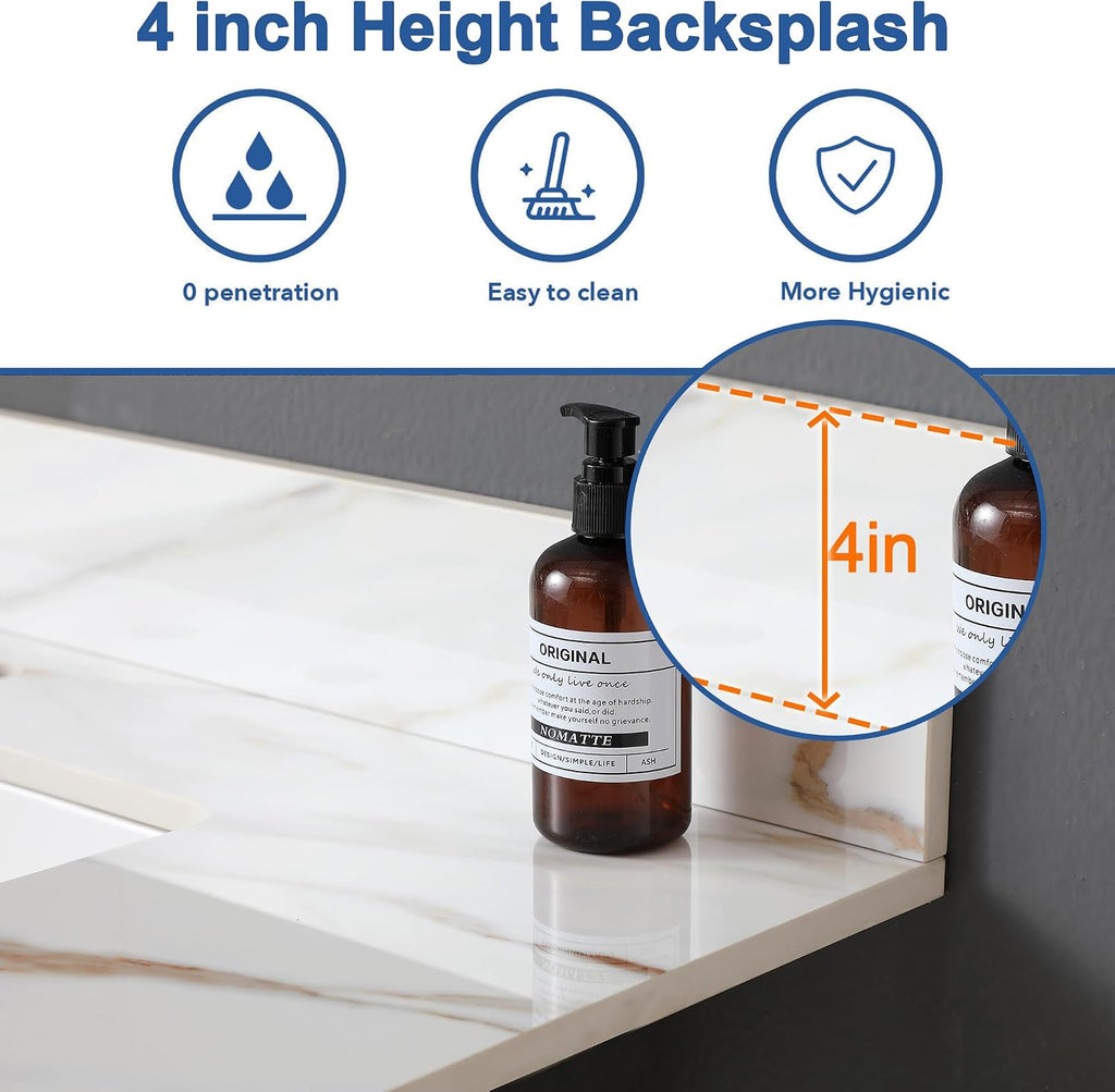 Montary 37'x 22' Vanity Top with Sink for Bathroom, Rectangular Undermount Ceramic Sink & Backsplash, Single Bowl Vanity Top with Safety Overflow Hole