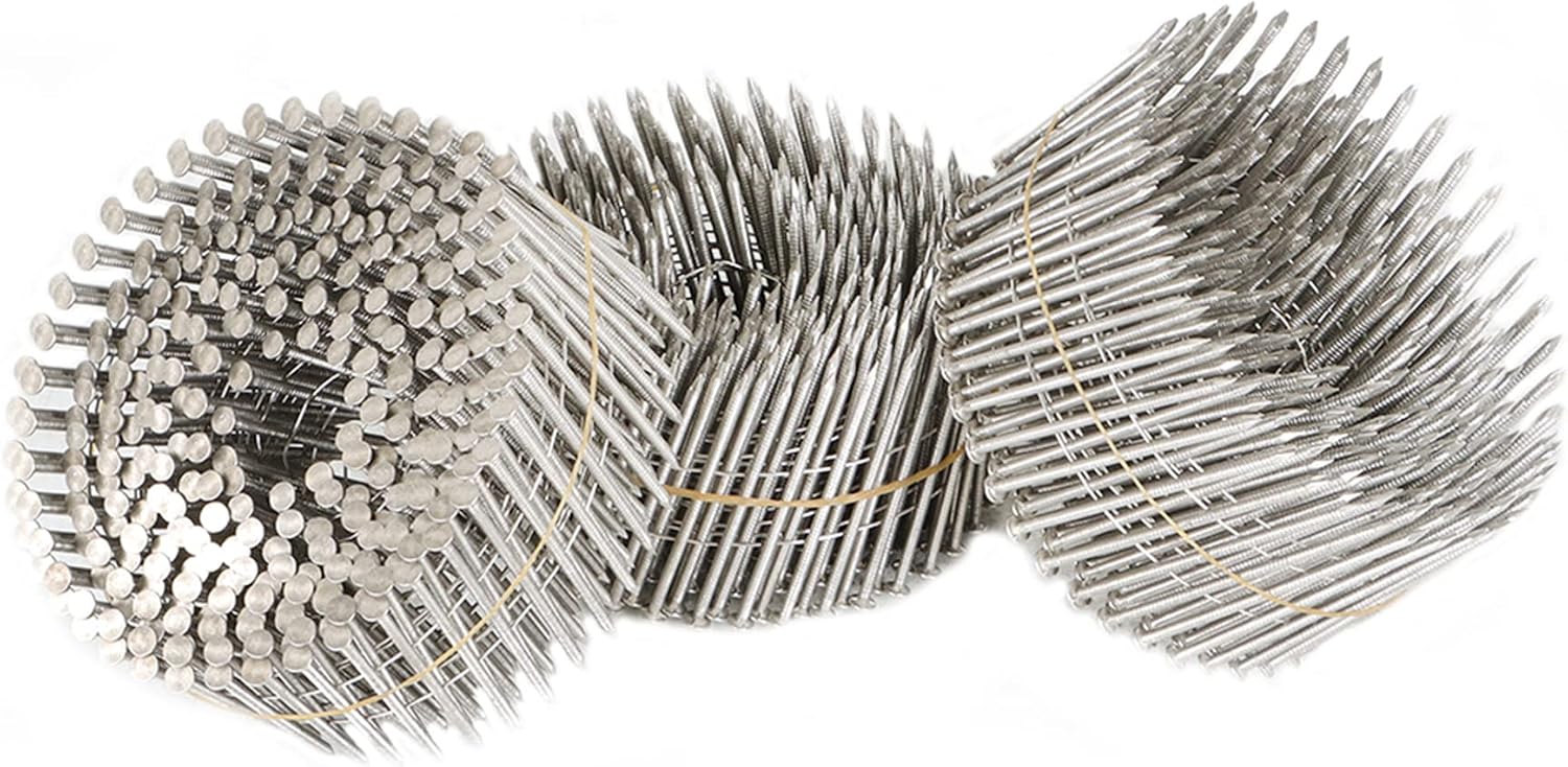 kimllier 3600 Count Coil Siding Nail Full Round Head Wire Collated Coil 15-Degree 2-1/2 Inch x .090-Inch Ring Shank 304 Stainless Steel Coil Roofing Nails