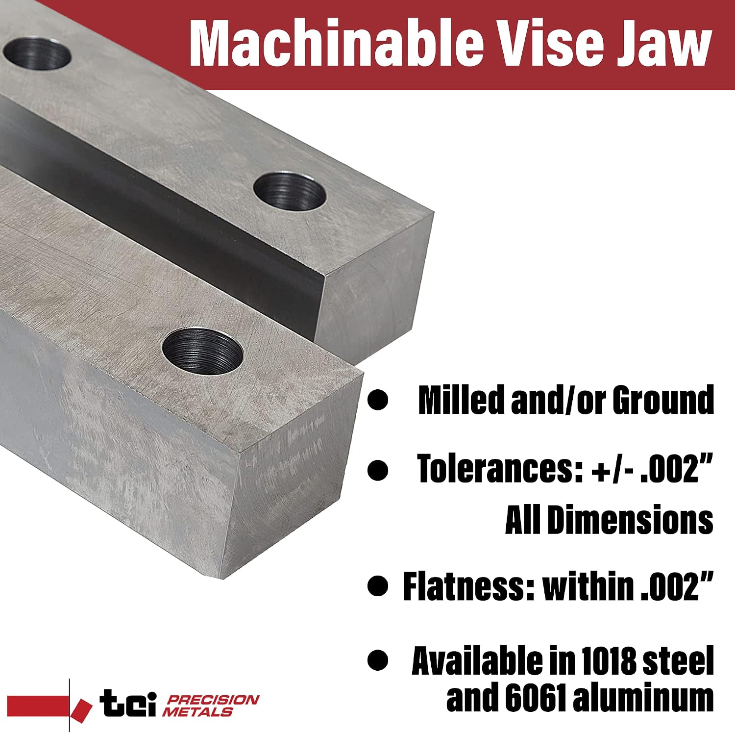 Machinable Metal Vise Jaws for Bench Vise 8 inch, 1.5'T x 2'W x 8'L, 1018 Carbon Steel, Set of 2