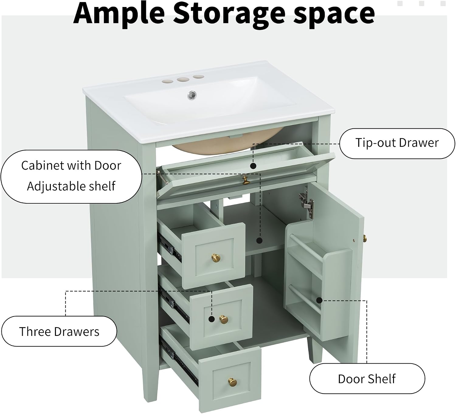 24' Bathroom Vanities Sink Set, Storage Cabinet with Multi-Functional Tip-Out Drawer and Adjustable Shelf, Soft-Closing Door, Solid Wood Legs, Green