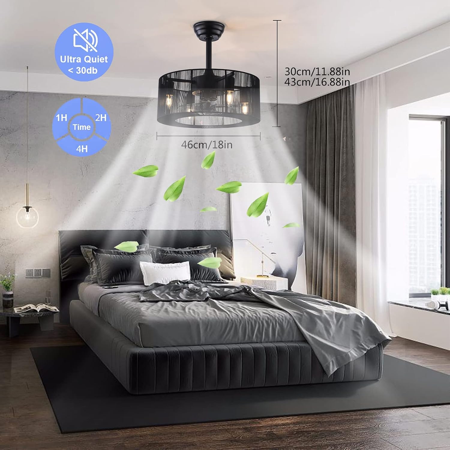 LOYALHEARTDY Caged Ceiling Fans with Lights and Remote 18' Black Fringe Tassel Ceiling Fan 3-Speed Modern Downrod Mount Bladeless Ceiling Fan Kids Fan