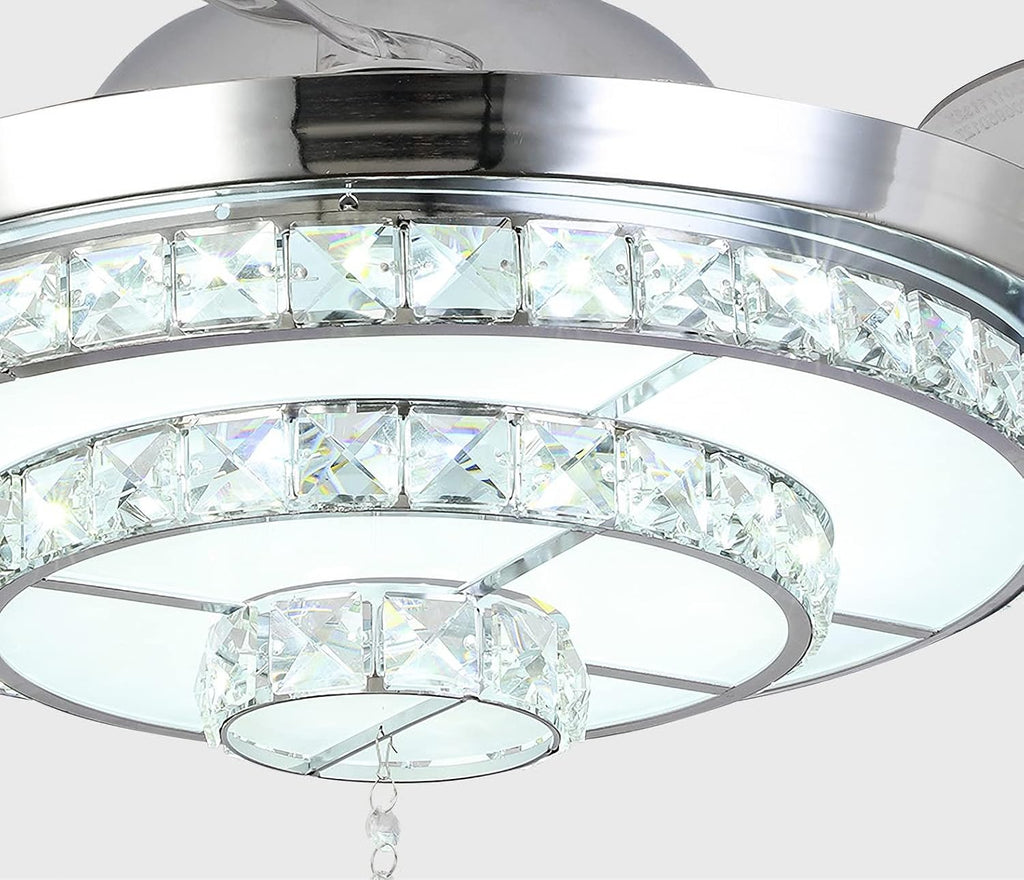 RuiWing 42' Crystal Ceiling Fan with LED Light and Remote Control Retractable Fandelier 3 Colors 3 Speeds with Silent Motor Luxury Fandelier for Bedroom Indoor Living Dining Room