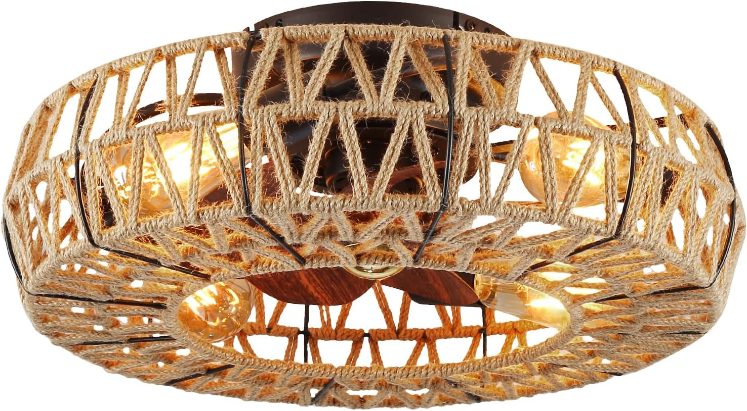 20 Inch Boho Caged Bladeless Ceiling Fan with Light,Flush Mount Rattan Fandelier Ceiling Fans Lights and Remote Contro,Enclosed 6 Speeds Low Profile Farmhouse Fan Light for Bedroom,Kitchen,Living Room