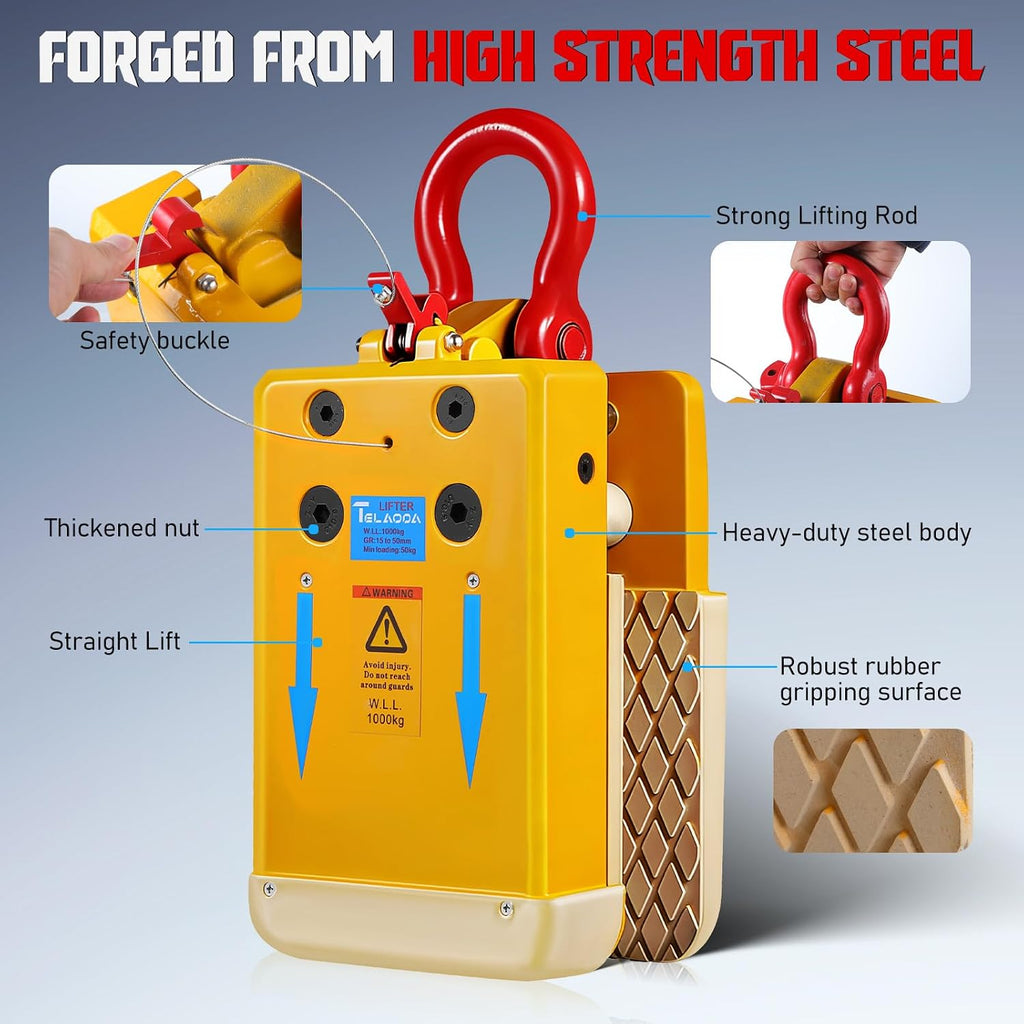 2200LBS Stone Miter Clamp, Heavy Duty Stone Lifting Clamps (0.39-1.97'') in Opening Range, Stone Slab Clamp with Soft Rubber Jaws, Granite Marble Lifting Tool Slab Lifter, 15-50mm