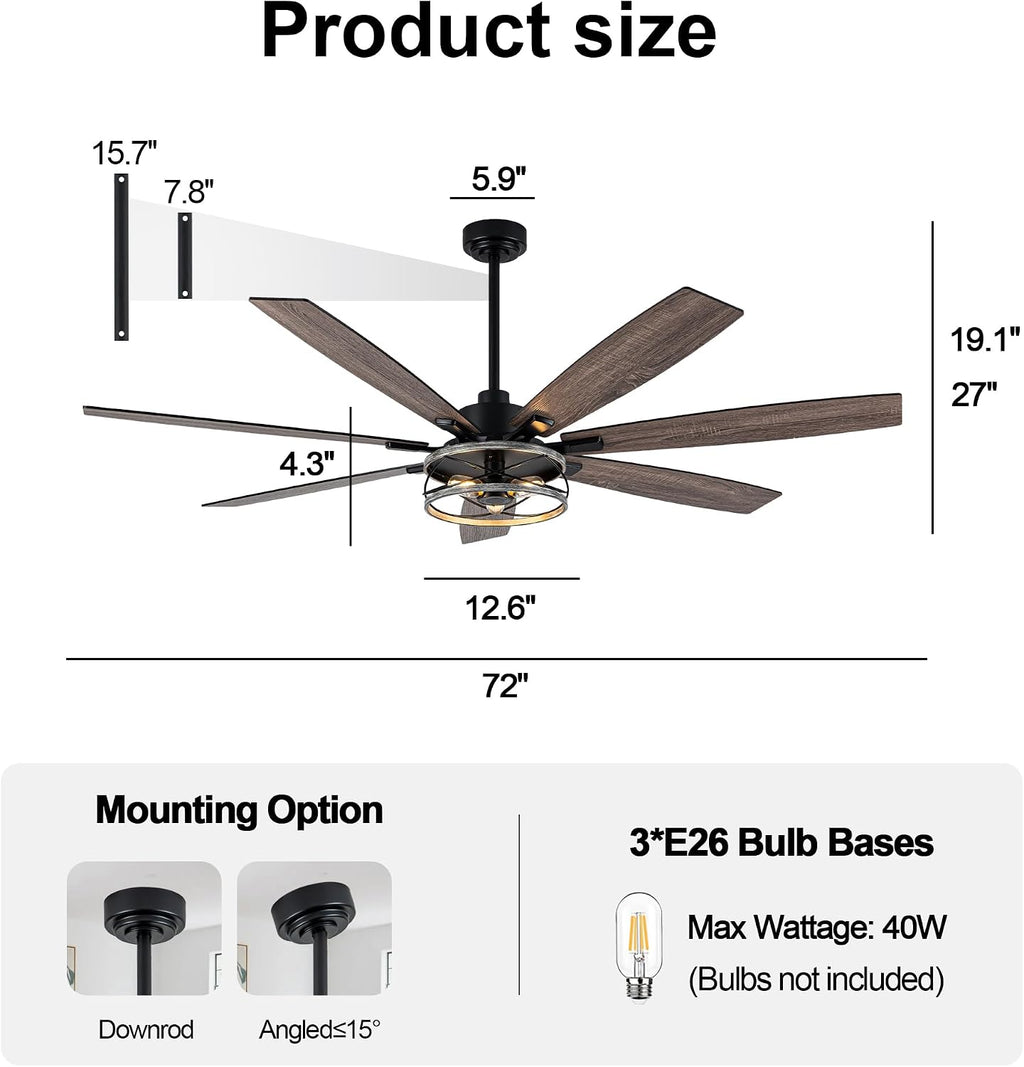 72 Inch Farmhouse Ceiling Fan with Lights Large Rustic Ceiling Fan Wood Caged Fandelier Chandelier Light for Indoor Outdoor, 7 Dual Blades 3 E26 Bulbs, Reversible Quiet DC Motor 6 Speeds