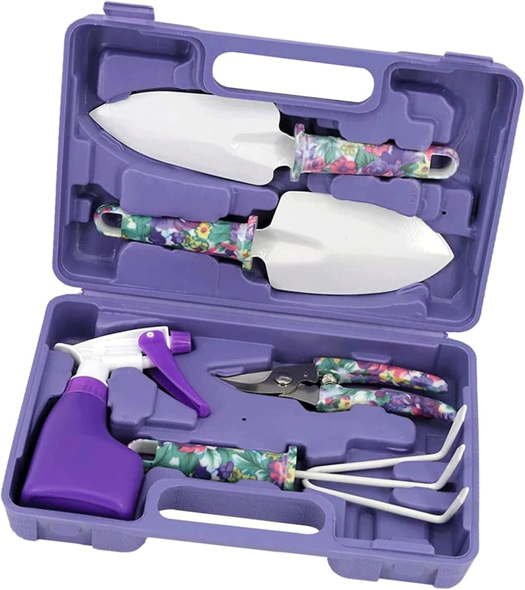 Garden Tools Set, 5 Pieces Gardening Tools with Purple Floral Print, Garden Hand Tools with Carrying Case & Ergonomic Handle