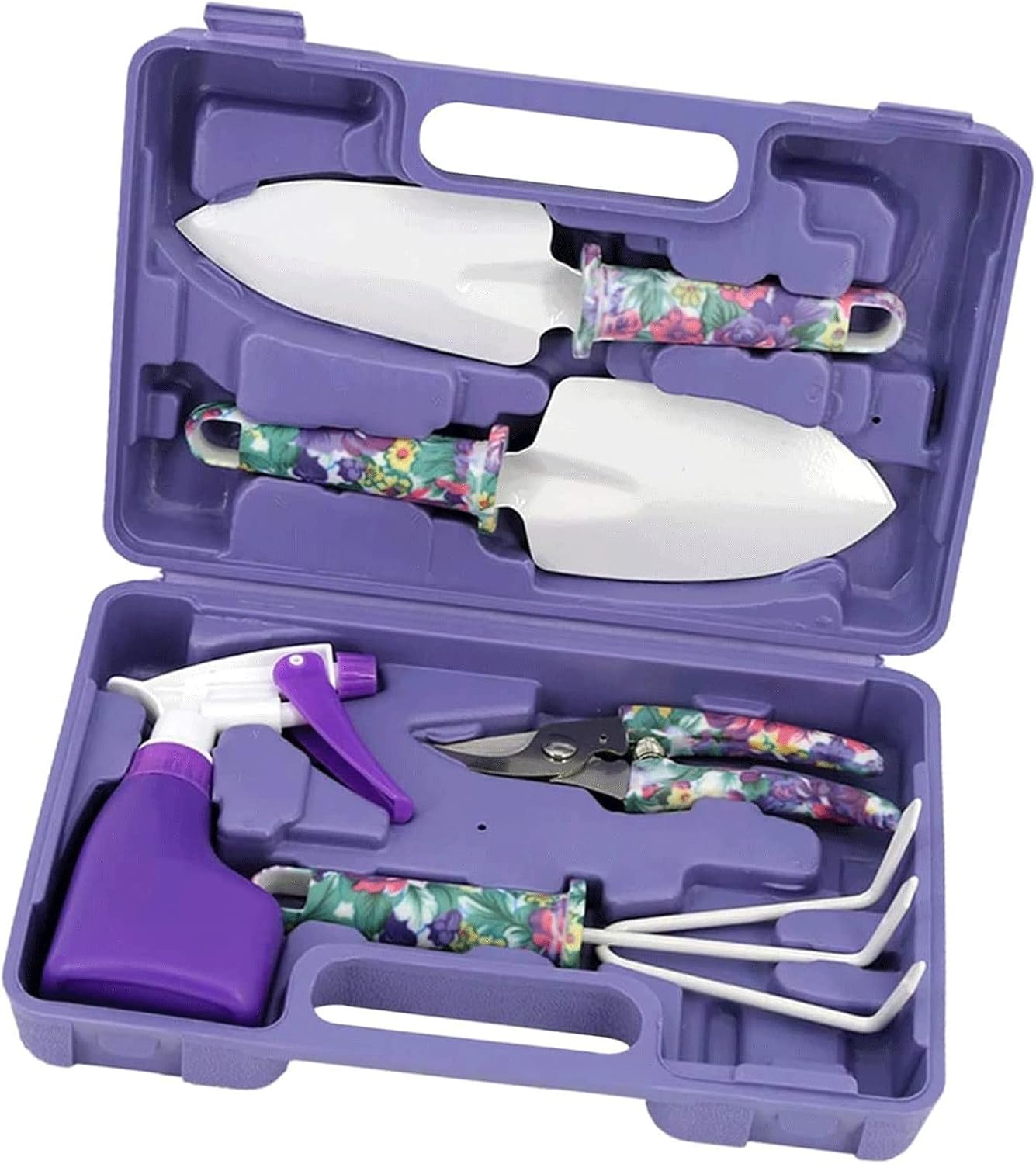 Garden Tools Set, 5 Pieces Gardening Tools with Purple Floral Print, Garden Hand Tools with Carrying Case & Ergonomic Handle