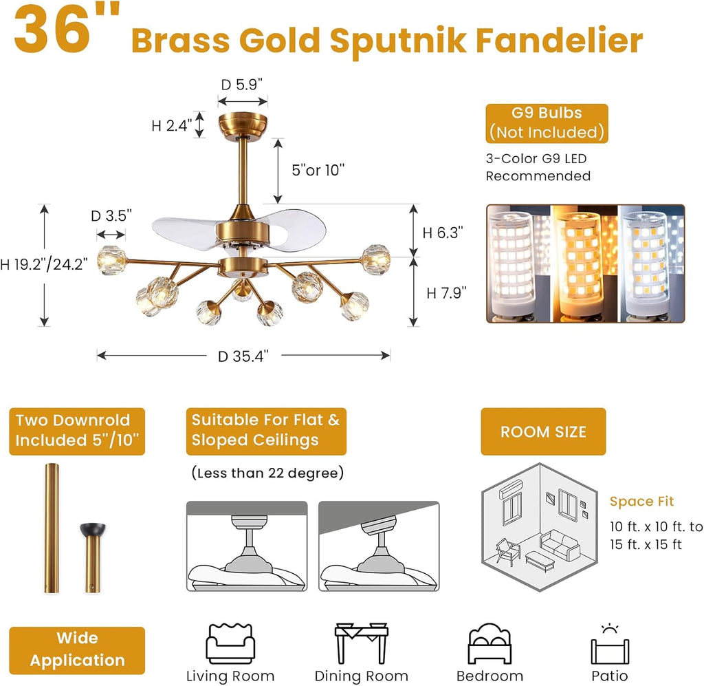 Siljoy 9-Light Farmhouse Sputnik Crystal Ceiling Fan with Light and Remote, Brass Gold Fandelier with Quiet Reversible Motor, 6 Speeds, 3-Color Change for Living Room Bedroom Patio 35.4 Inch
