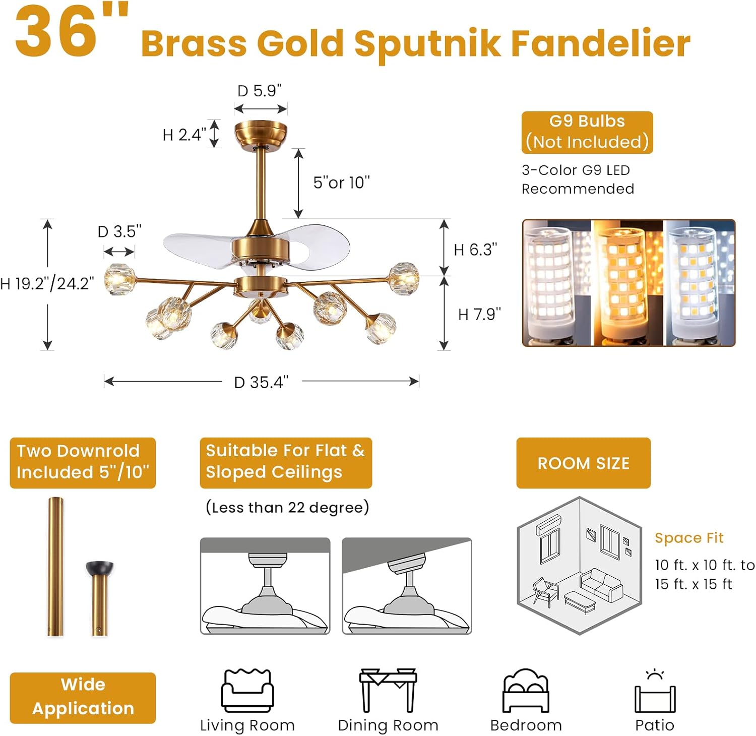Siljoy 9-Light Farmhouse Sputnik Crystal Ceiling Fan with Light and Remote, Brass Gold Fandelier with Quiet Reversible Motor, 6 Speeds, 3-Color Change for Living Room Bedroom Patio 35.4 Inch