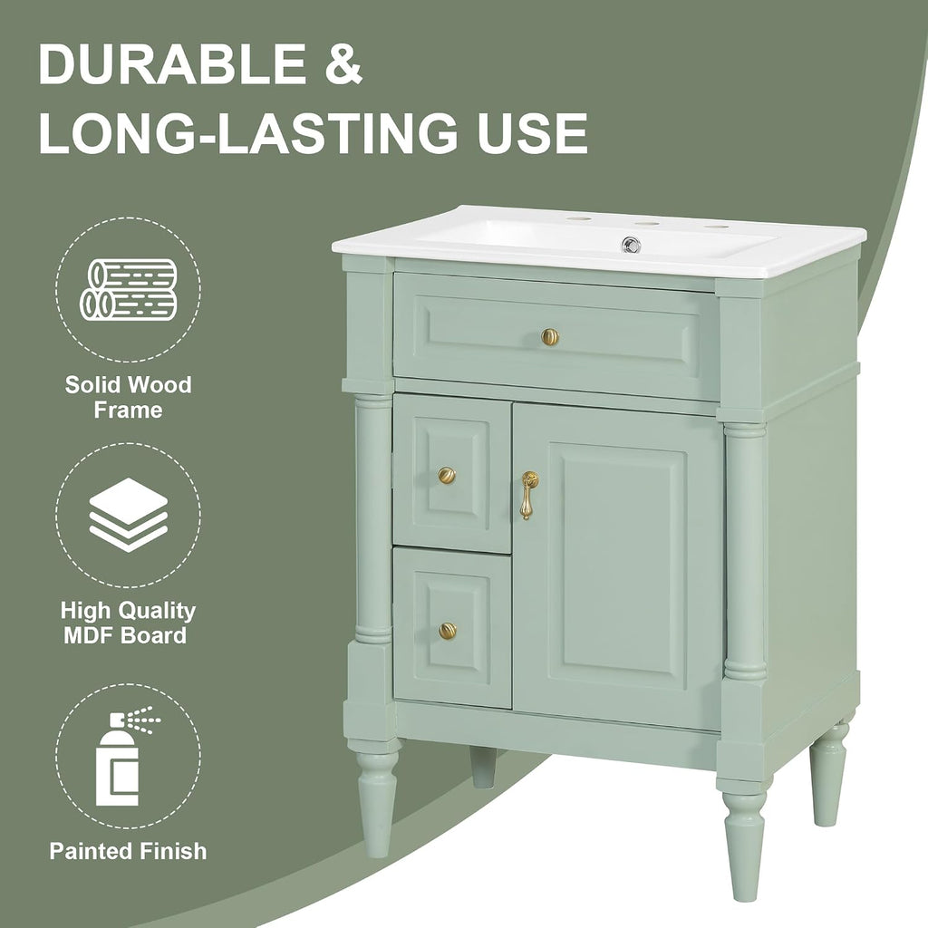 24 Inch Bathroom Vanity with Ceramic Sink Top, Cabinet with Tip-Out Drawer and Door Storage, Solid Wood Roman Legs, Adjustable Shelf, Green