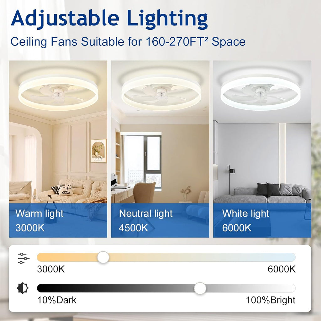 DLLT Bladeless Ceiling Fans with Lights: 24 Inch Modern Flush Mount Low Profile Ceiling Fan with APP Remote Control - White Enclosed LED Fandelier Dimmable Quiet DC Motor for Bedroom Living Room