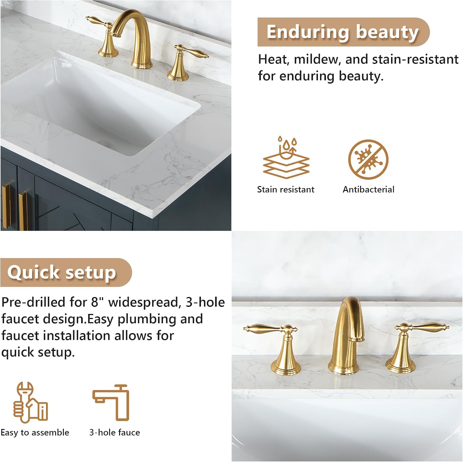 Altair Design Ceres 73' Engineered Stone Vanity Top in Grain White with Double White Sinks