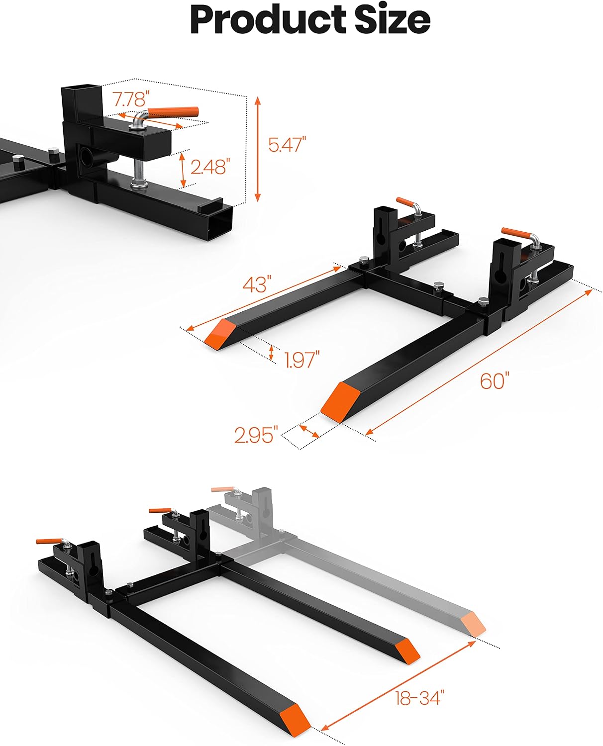 60' 2000LBS Heavy Duty Pallet Forks,Tractor Bucket Forks with Adjustable Stabilizer Bar for Loader Bucket Skid Steer Tractor, Black