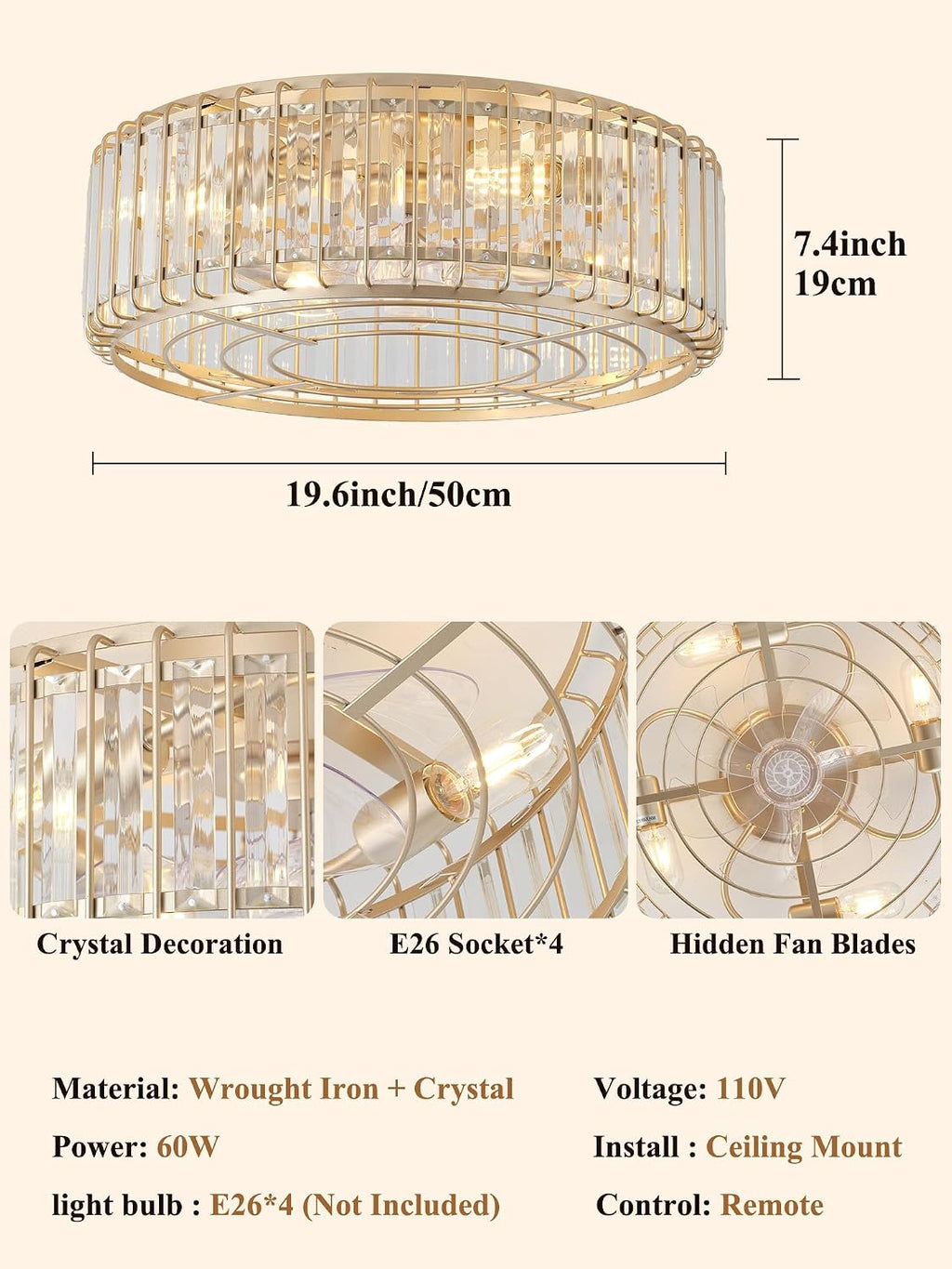 20inch Flush Mount Caged Ceiling Fans with Lights Fandelier | Gold Crystal Ceiling Fan with Light and Remote, Low Profile Mid Century with 6 Speeds for Bedroom Nursery Living Room
