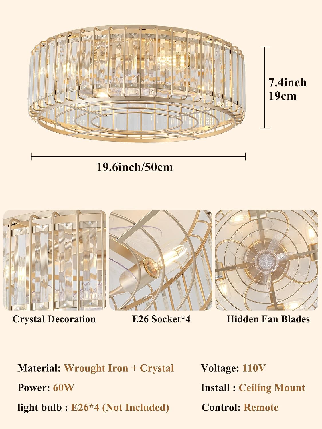 20inch Flush Mount Caged Ceiling Fans with Lights Fandelier | Gold Crystal Ceiling Fan with Light and Remote, Low Profile Mid Century with 6 Speeds for Bedroom Nursery Living Room