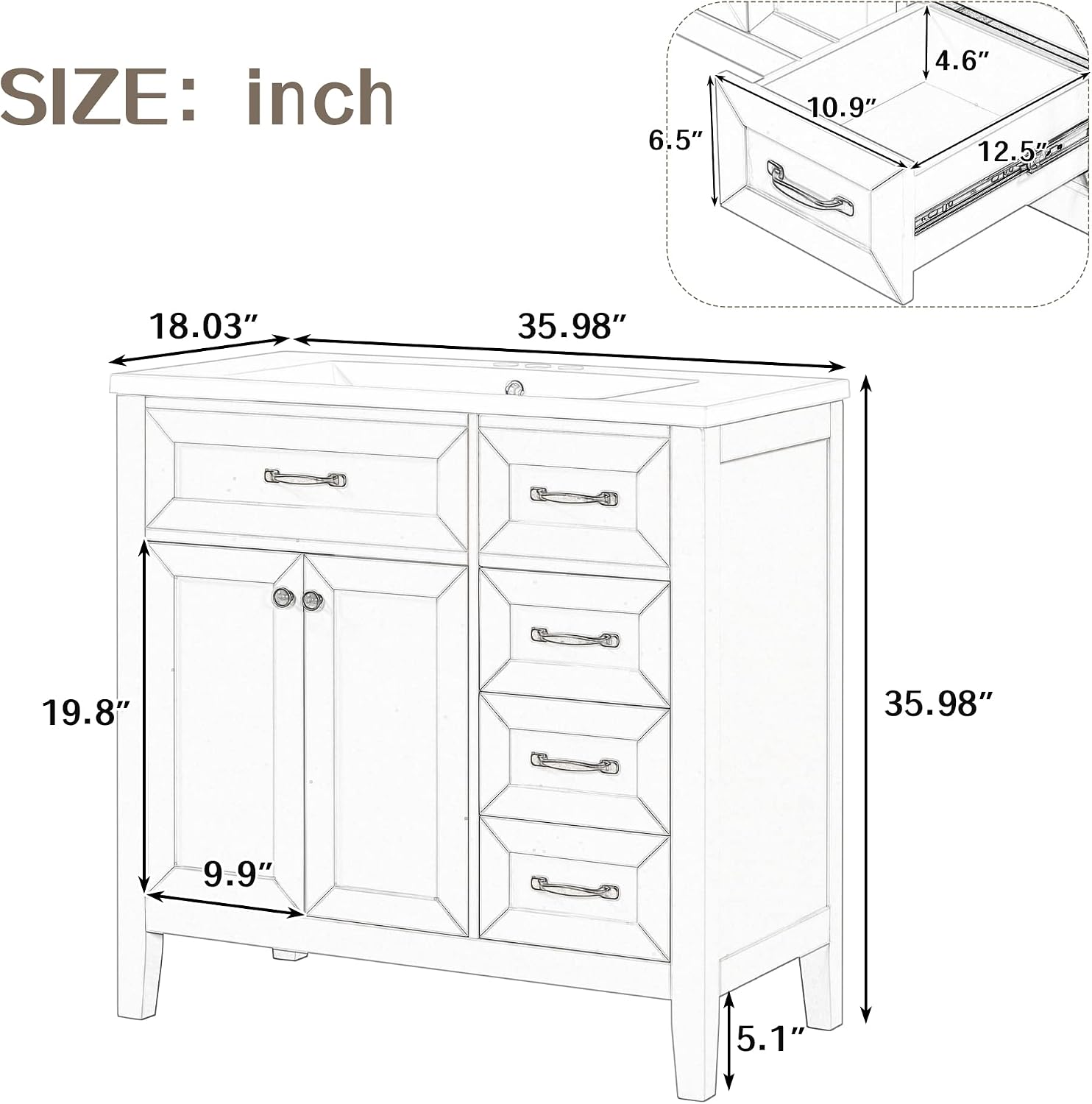 36' Bathroom Vanities Cabinet with Ceramic Sink Top, Two Doors and Three Drawers, Soft-Closing Door, Solid Wood Legs, Gray