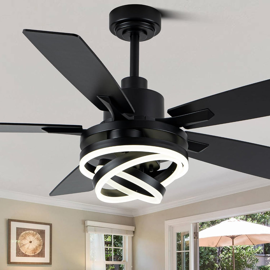 52' Farmhouse Ceiling Fans with Lights,Chandelier Fan with 6-Speed Dimmable LED and Reversible DC Motor,DIY Rings LED,Fandelier Ceiling Fan with 5 Dual Finish Blades for Living Room/Bedroom