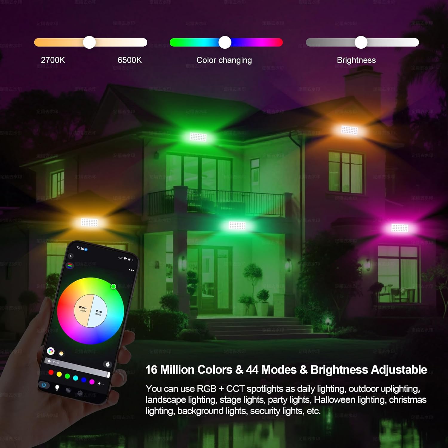 Party Lights Outdoor Smart Flood Light, 180W RGBCW Color Changing LED, 2700–6500K Tunable White, WiFi App & Voice Control, 50 Scenes, 1–100% Dimmable, IP65 Linkable Wall Washer Lights