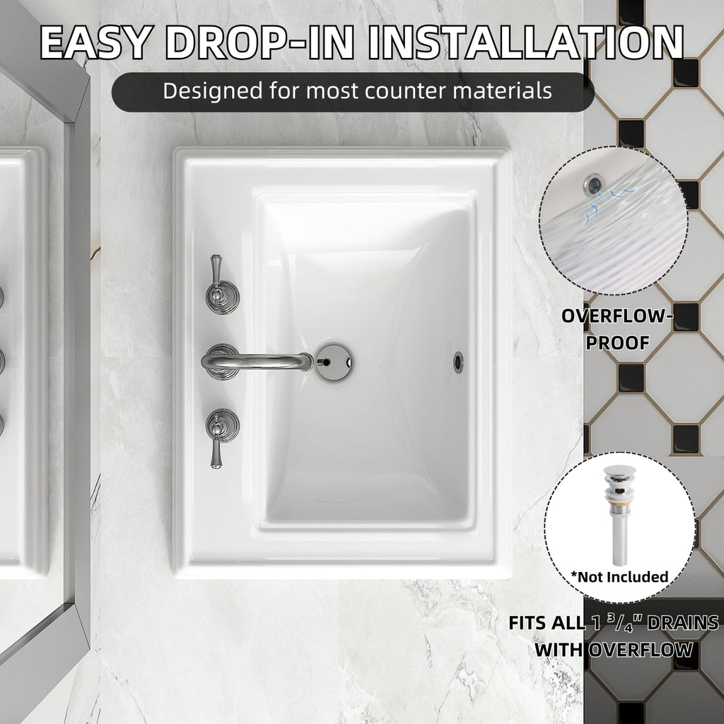 23'W x 18'D Drop In Bathroom Sink Rectangle With 3 Holes for 8' Widespread Faucet, Los Flexi 23 Inch White Ceramic Vanity Top with Front Overflow, Vintage Top Mount Sink for Bathroom Countertops