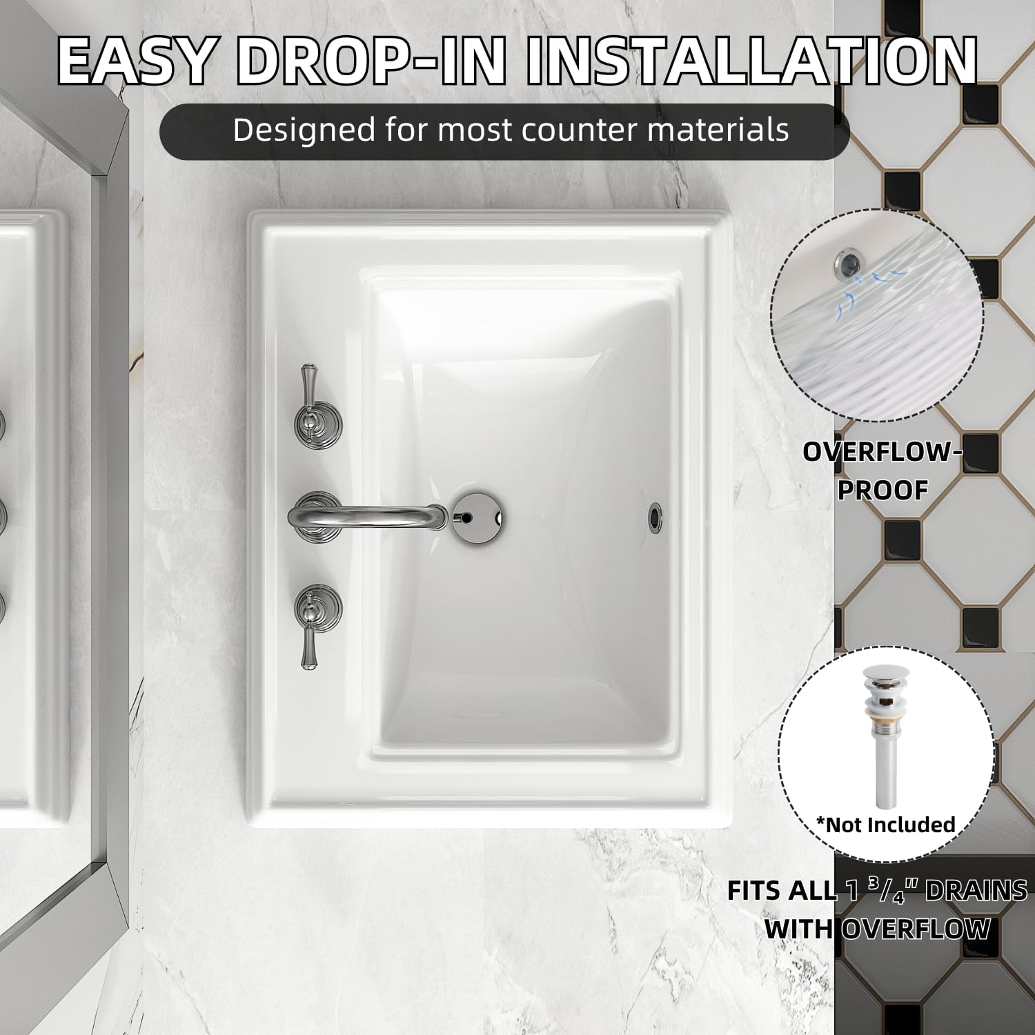 23'W x 18'D Drop In Bathroom Sink Rectangle With 3 Holes for 8' Widespread Faucet, Los Flexi 23 Inch White Ceramic Vanity Top with Front Overflow, Vintage Top Mount Sink for Bathroom Countertops