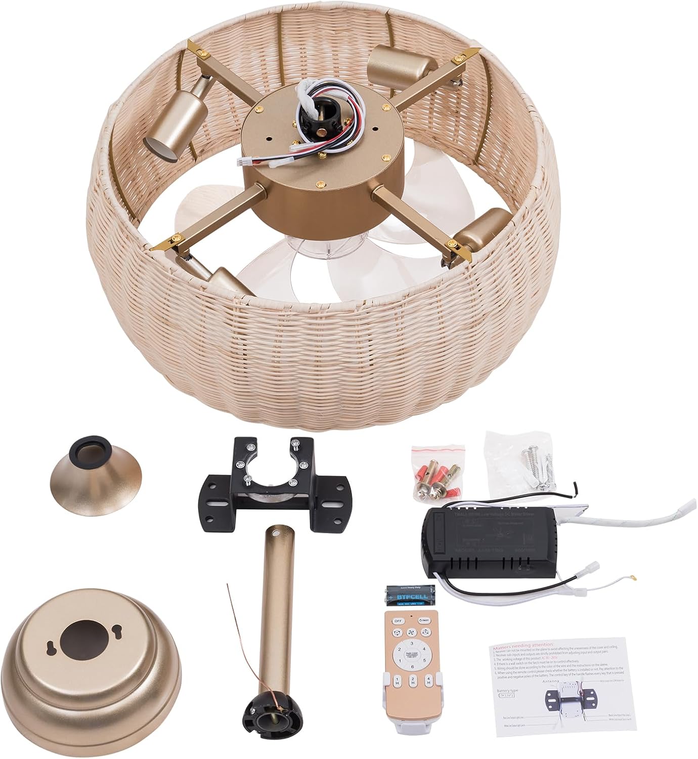 LOYALHEARTDY Rattan Caged Fandelier with Lights - 18in Bamboo, 6-Speed Reversible, Remote Control - Boho Woven Wicker Ceiling Fan