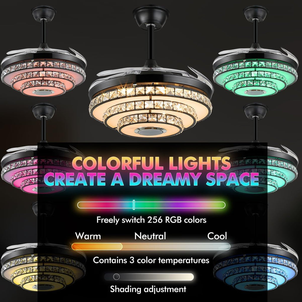 42''Black Modern Crystal Ceiling Fan with Light, 3 Speeds Changes 7 Colors Dimmable Fandelier Bluetooth Speaker Music Ceiling Fans Modern 2 Layers Crystal Light Fixture for Bedroom,Living Room