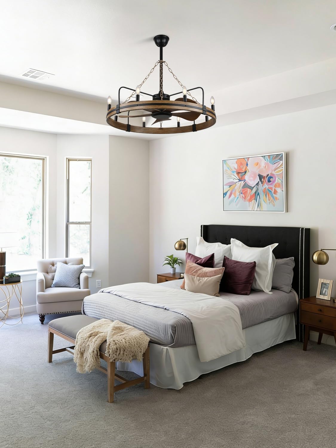 36 Inch Rustic Wagon Wheel Ceiling Fan with Light, 8-Lights Farmhouse Chandelier Ceiling Fans with Quiet Reversible Motor, Bladeless Fandelier Fan with Candle for Living Room Kitchen Bedroom