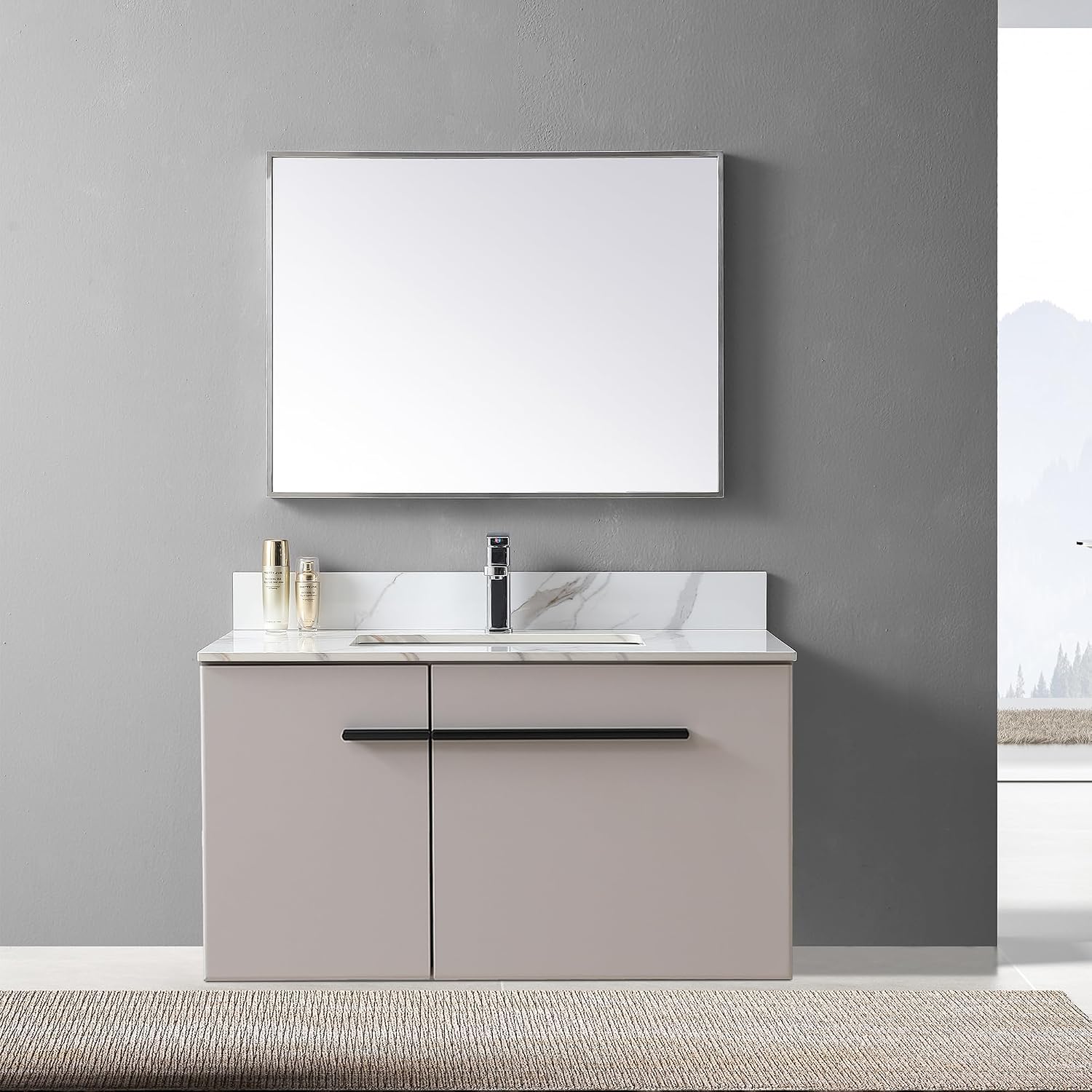 Montary 37'x 22' Bathroom Vanity Top with Undermounted Large Ceramic Sink & Backsplash, Sintered Stone Artificial Marble Vanity Sink Tops with 1 Pre-Drilled Hole, Carrara Gold