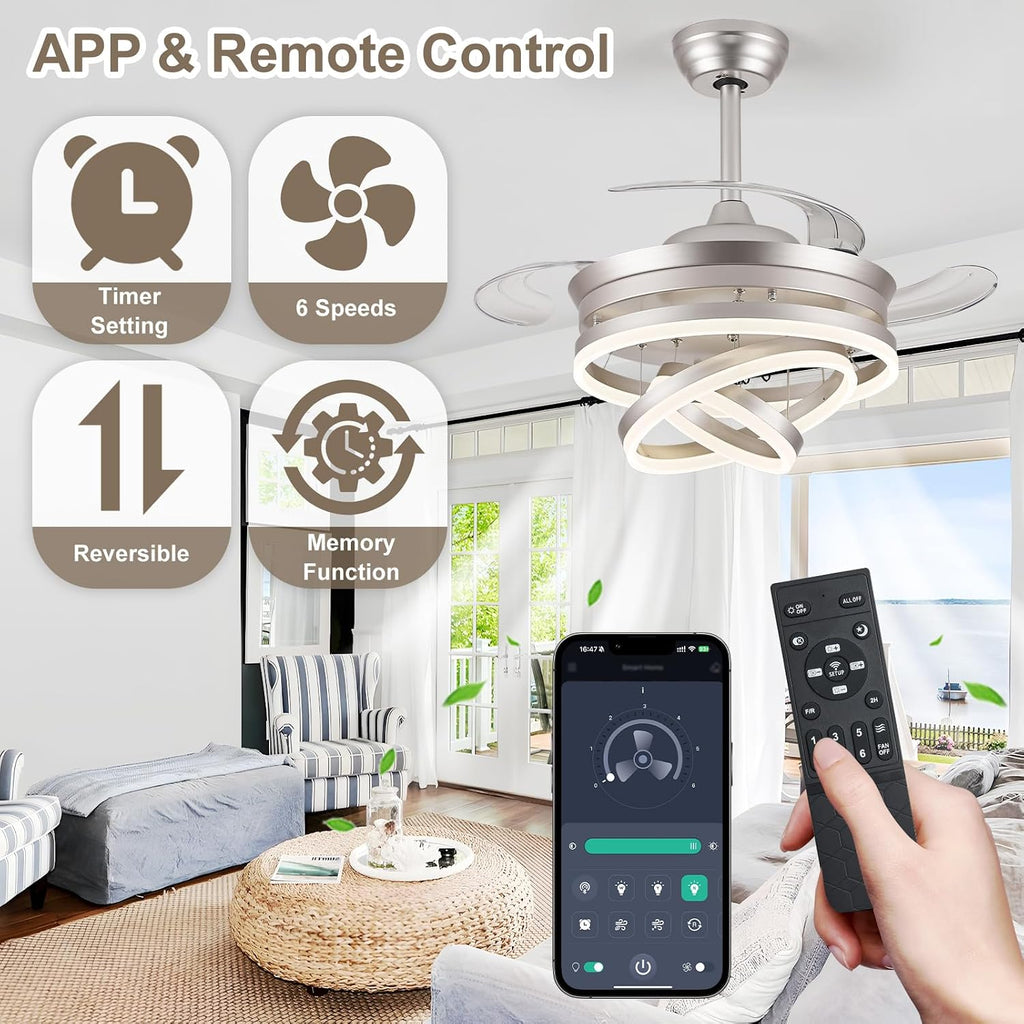 42' Modern Retractable Ceiling Fan with Lights, Fandelier Ceiling Fan with LED Light and Remote&App Control, 6 Speed Reversible 3CCT Chandelier Fan for Bedroom Living Room Dining Room Silver
