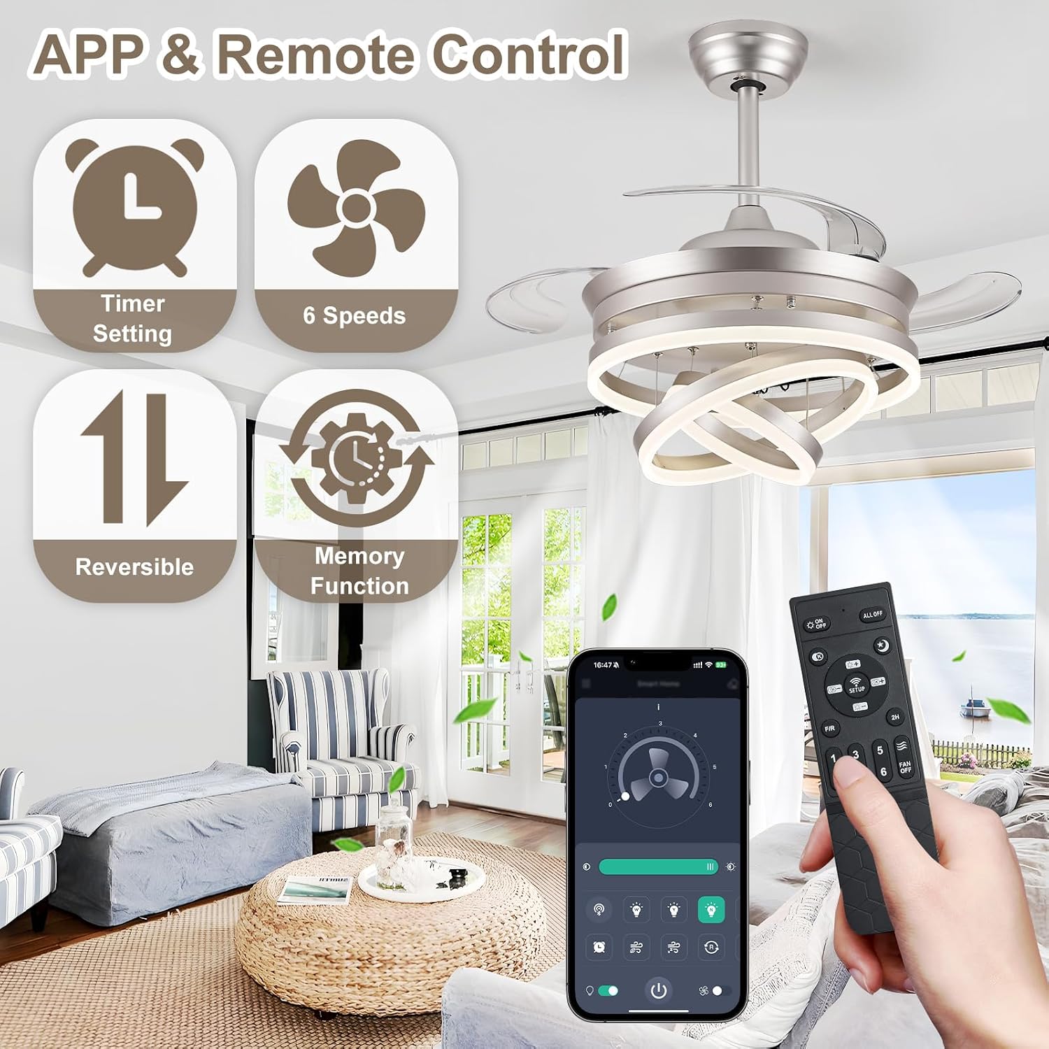 42' Modern Retractable Ceiling Fan with Lights, Fandelier Ceiling Fan with LED Light and Remote&App Control, 6 Speed Reversible 3CCT Chandelier Fan for Bedroom Living Room Dining Room Silver