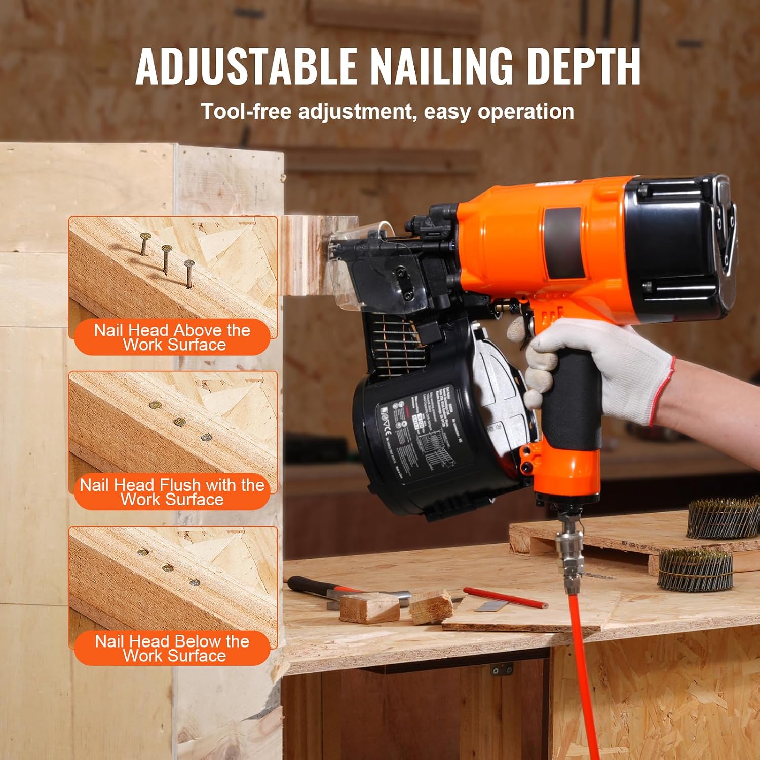 Happybuy Coil Siding/Framing Nailer CN83N, 2' to 3-1/4' 15 Degree Pneumatic Siding Nail Gun with Tool-Less Depth Adjustment, 70-120PSI Air Coil Nailer for Siding Sheathing Wooding Fencing Decking