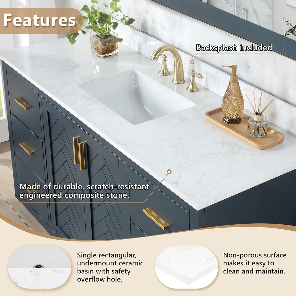 Ceres 61' Engineered Stone Vanity Top in Grain White with Single White Sink