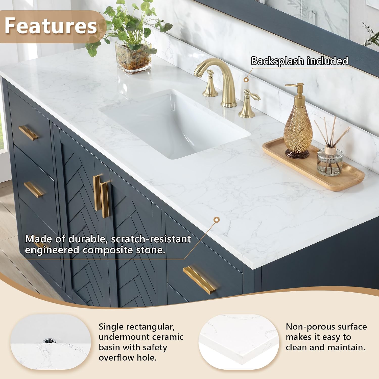 Ceres 61' Engineered Stone Vanity Top in Grain White with Single White Sink