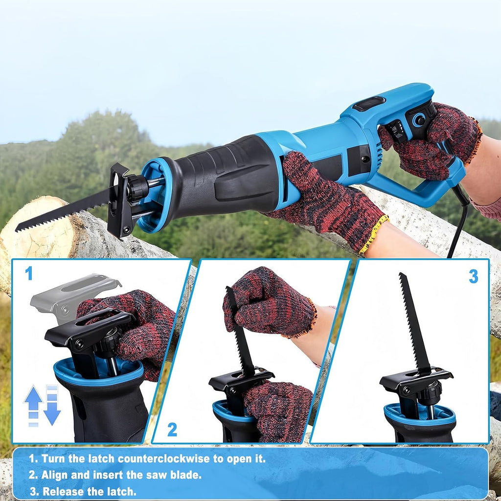 Reciprocating Saw 1050w, Electric Corded Sabre Saw 3000rpm Variable Speed Electric Saw, 4 Pcs Saw Blades, Tool-Free Blade Change, Reciprocating Saw for Cut Wood, Plastic and Soft Metal