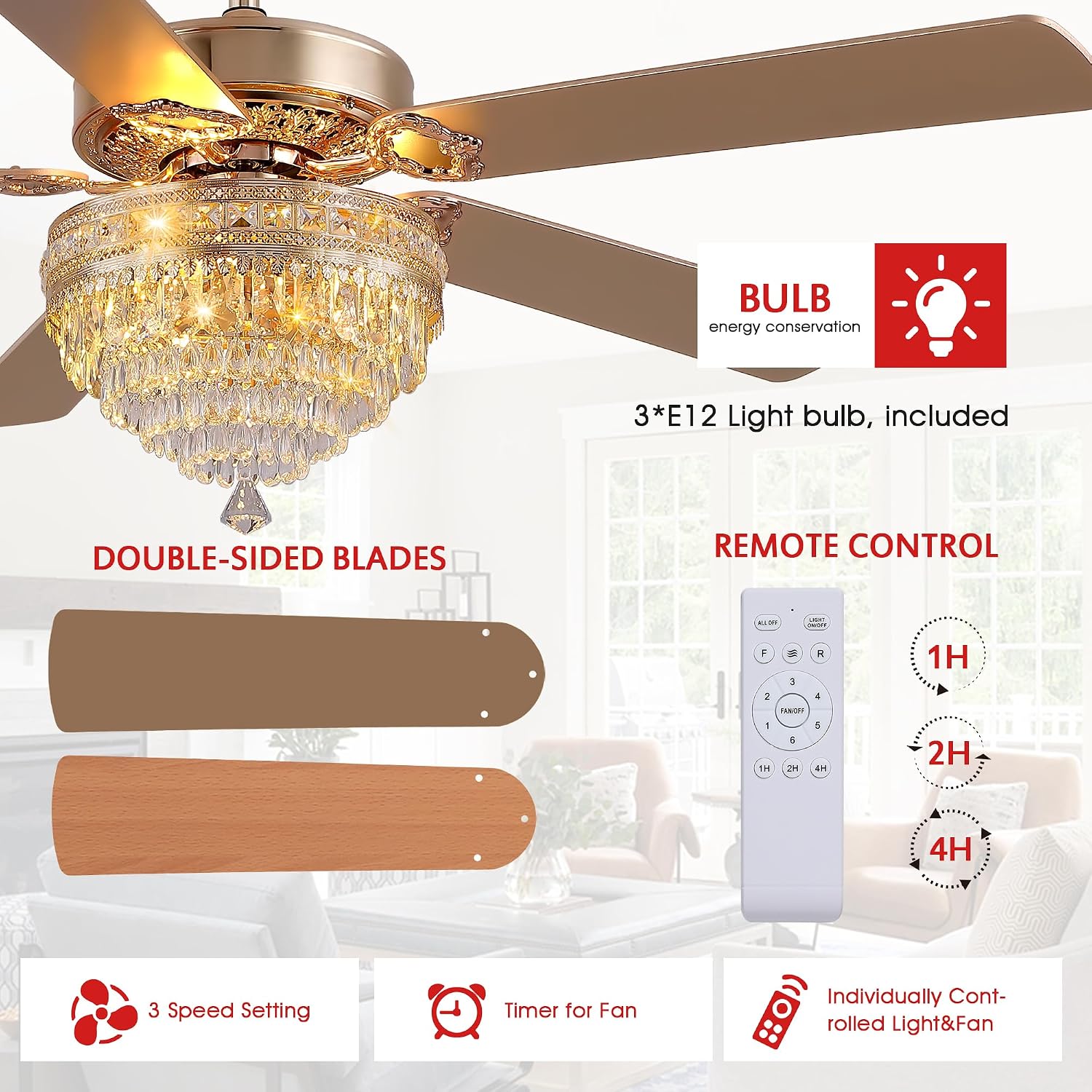 GJeg Crystal Ceiling Fan Fandelier with Lights - Retro Outdoor Fans with Remote Control, Farmhouse Ceiling Fan with Noiseless DC Reversible Motor,Dining Room,Living Room(62' Gold)